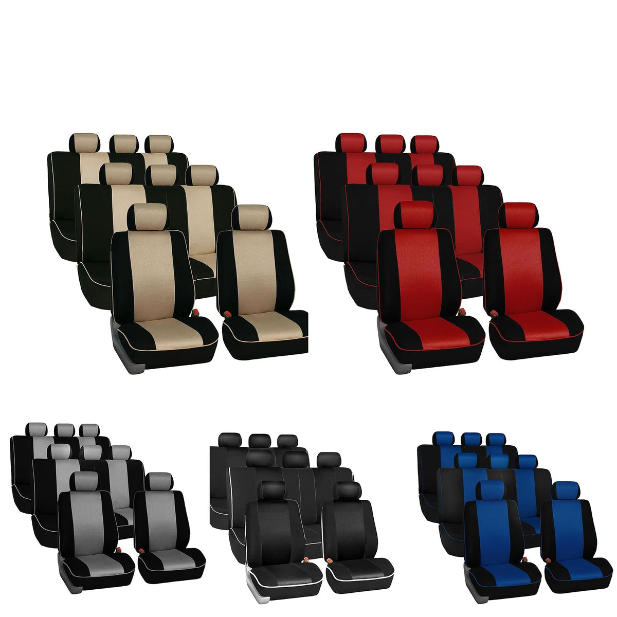 FH GROUP FH-FB063128 Three Row Cloth Car Seat Covers with Piping Airbag & Split Ready Beige/Black- Fit Most Car, Truck, SUV, or Van