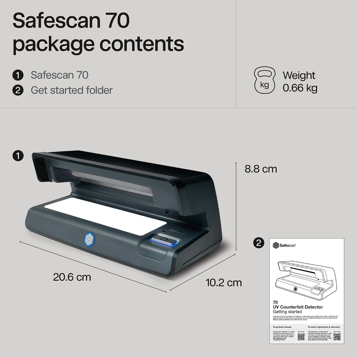 Safescan Detector de billetes falsificados UV, huella pequeña, ligero, ideal para facturas, identificaciones, tarjetas de crédito, se adapta a todas las monedas, potente luz UV de 9 W, luz blanca, certificado CE, garantía de 3 años
