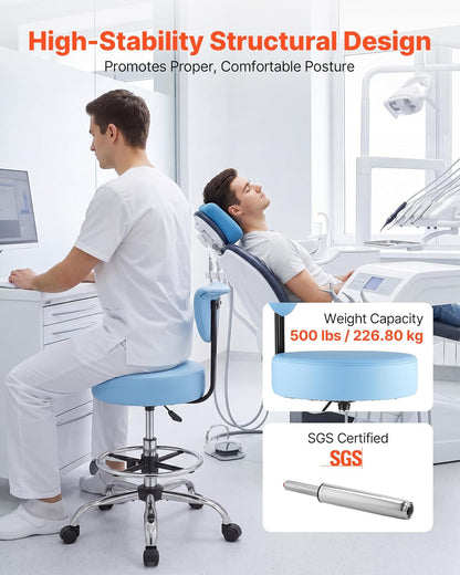 VEVOR Taburete Giratorio de Trabajo, Taburete con Ruedas Respaldo y Reposapiés, Altura Ajustable de 54-70 cm, Soporta 226,8 kg, Asiento Ergonómico Acolchado y Tapizado, para Oficina Clínica, Azul