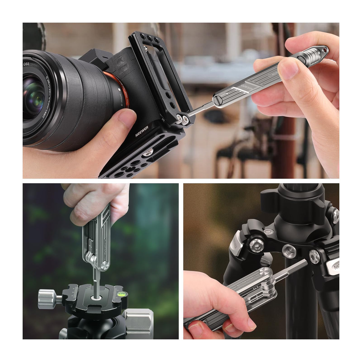 NEEWER Juego Herramientas Destornillador Plegable 10 en 1: 4 Destornillador, 6 Llave Hexagonal, Herramienta Bolsillo Compatible con SmallRig Camera Cage Rig Top Handle Tripod QR Plate, UA048S Platero