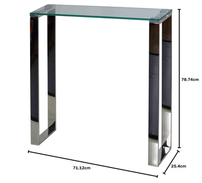 Cortesi Home Forli - Mesa de Consola pequeña de Entrada de Vidrio contemporáneo y Acabado de Acero Inoxidable de 28 Pulgadas de Ancho, Color Plateado y Transparente