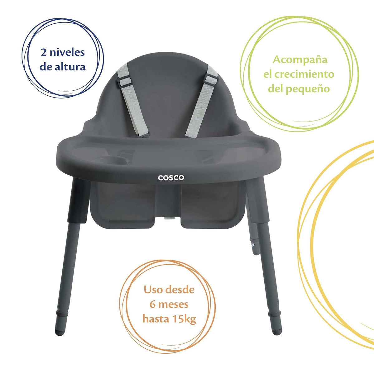 Cosco Silla Alta 2 en 1, Gris, con bandeja removible y arnés de 5 puntos. Uso desde 6 meses hasta 15 kg