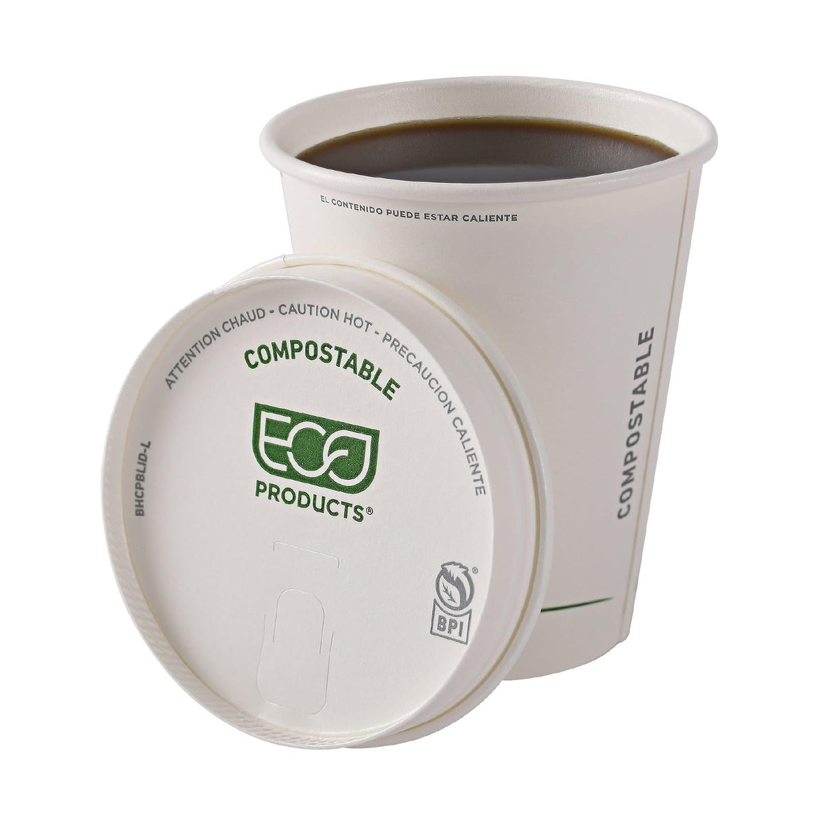 Eco-Products - Tapas de papel compostables para tazas de café, caja de 1000, tapas blancas de rayas verdes, se adapta a tazas calientes de 10 a 20 onzas, forradas con PLA, un material renovable hecho