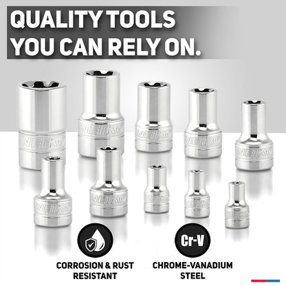 Neiko 02473A - Juego de enchufes Torx Plus externos, 10 piezas, EP6 de 1/4 pulgadas, EP8, EP10 de 3/8 pulgadas, EP16, unidad cuadrada de 1/2 pulgadas, EP18 y EP24, acero CR-V