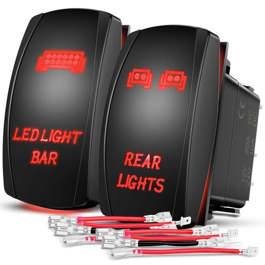Nilight - Juego de 2 luces traseras, interruptor , barra de luz LED de 5 pines, interruptor SPST, 20 A/12 V, 10 A/24 V, LED rojo con cable de puente para coches, camiones, barcos, vehículos