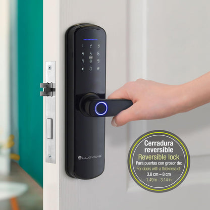 Lloyd's LC-1298 - Cerradura Inteligente Wifi, Para Puertas con Grosor de 3.8 cm - 8 cm, 5 Métodos de Apertura, Teclado con Luz, Negro