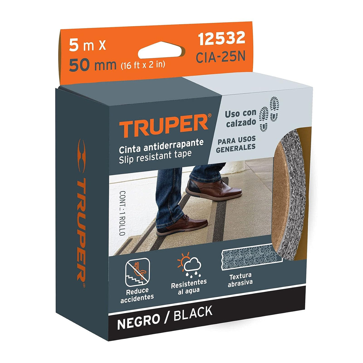 Truper CIA-25N, Cinta antiderrapante con abrasivo, rollo, 50 mm, negra