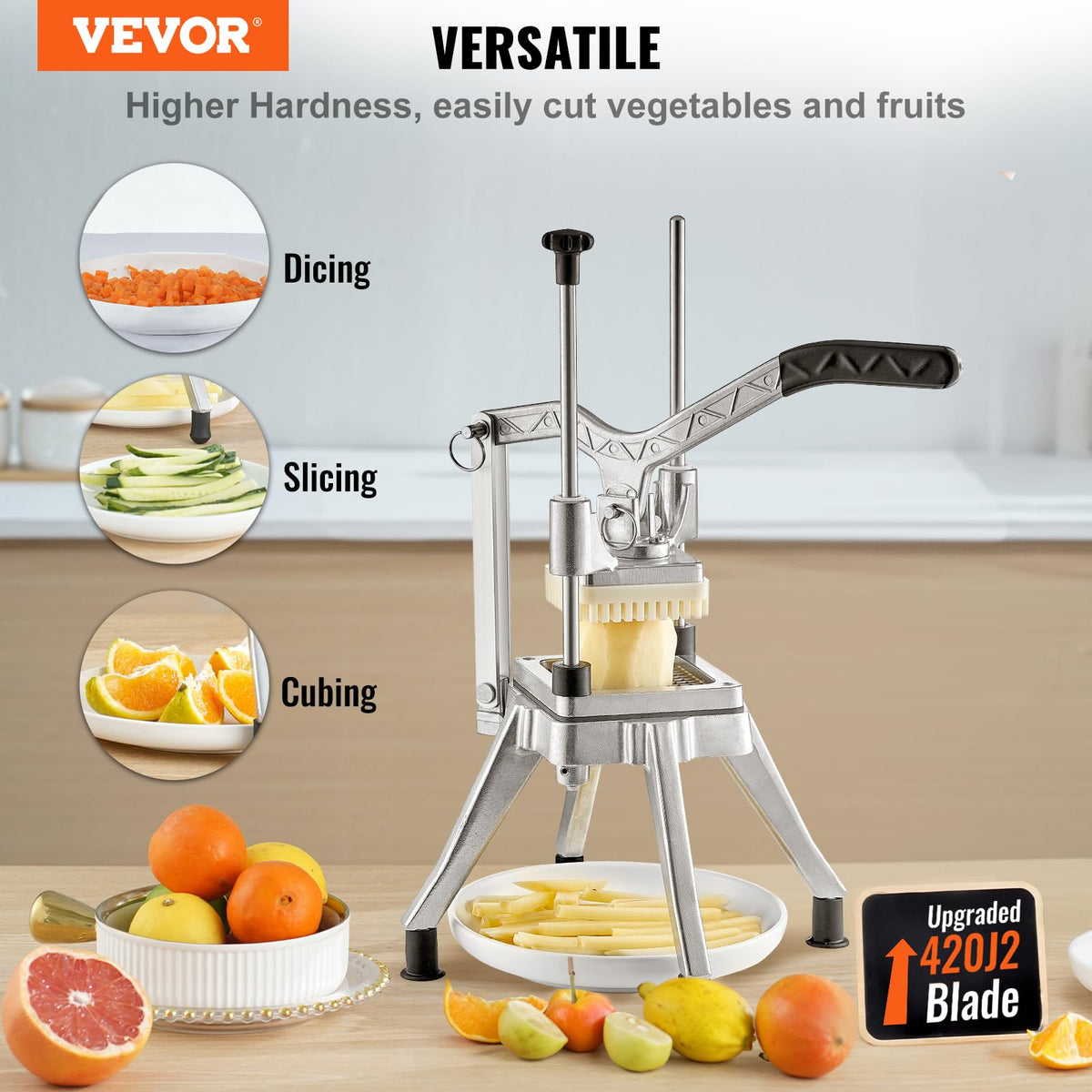 VEVOR - Picador comercial de verduras con 4 cuchillas de repuesto, cortador de patatas francesas de acero inoxidable y cortador de frutas para restaurantes y cocina casera