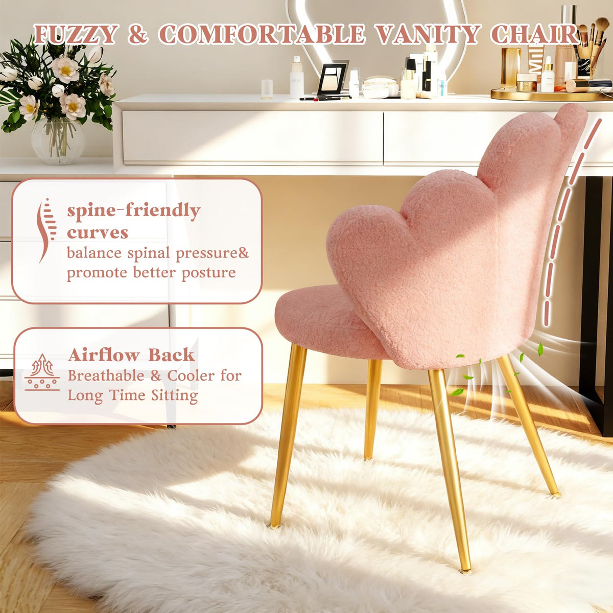 WAYTRIM - Silla de Cambiador Rosa con Respaldo para Maquillaje, Asiento de Cambiador, Silla de computadora para niñas con Patas Doradas adecuadas, Silla de diseño de pétalos de Flores para recámara