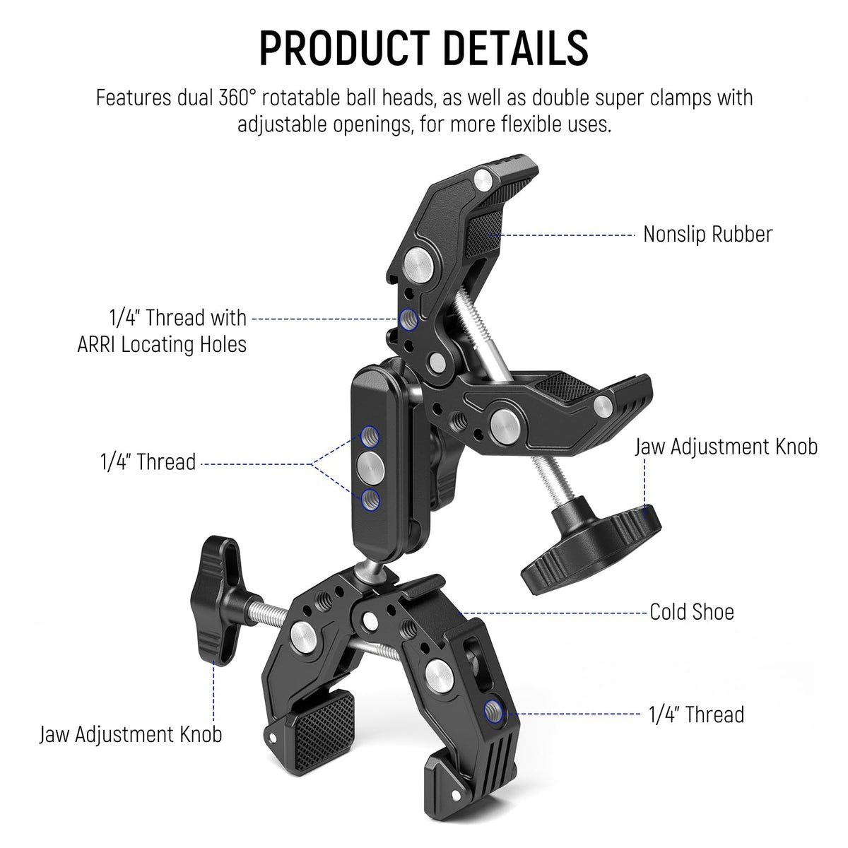 NEEWER Doble Super Clamp Abrazadera con Magic Arm de Doble Cabeza de Bola, 1/4" ARRI Soporte de Luz LED para Cámara de Acción para Varilla Escritorio Accesorio Compatible con SmallRig GoPro Dji, UA036