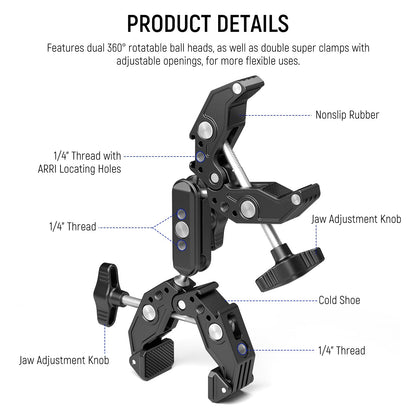 NEEWER Doble Super Clamp Abrazadera con Magic Arm de Doble Cabeza de Bola, 1/4" ARRI Soporte de Luz LED para Cámara de Acción para Varilla Escritorio Accesorio Compatible con SmallRig GoPro Dji, UA036