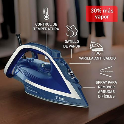 T-fal Plancha de Vapor Ultragliss Anti-Calc Plus FV6843X0 | Suela Durilium Airglide, golpe de vapor de 180 g/min, 1800 W, tanque de 270 ml, recolector de calcio extraíble