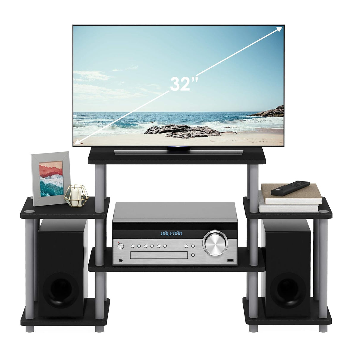 Furinno 11257BK/GY No Tools Tube Entertainment Center, Negro/Gris