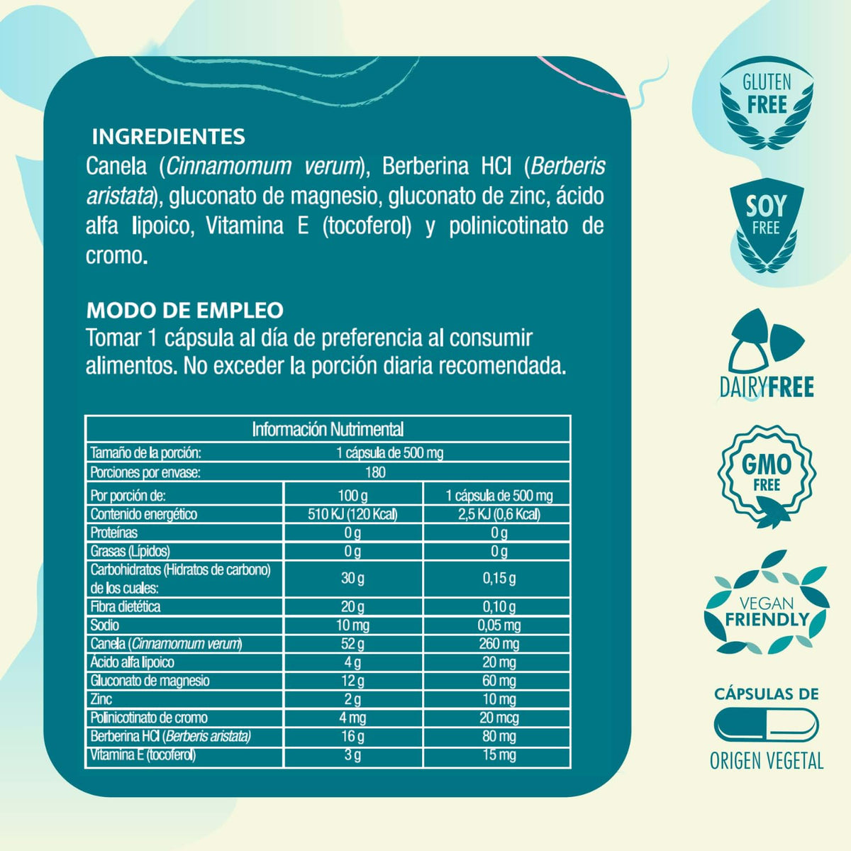 NW Berberina HCL Complex | 180 Capsulas | con Vitamina E Canela Magnesio | Ingredientes Naturales | Natural Wisdom