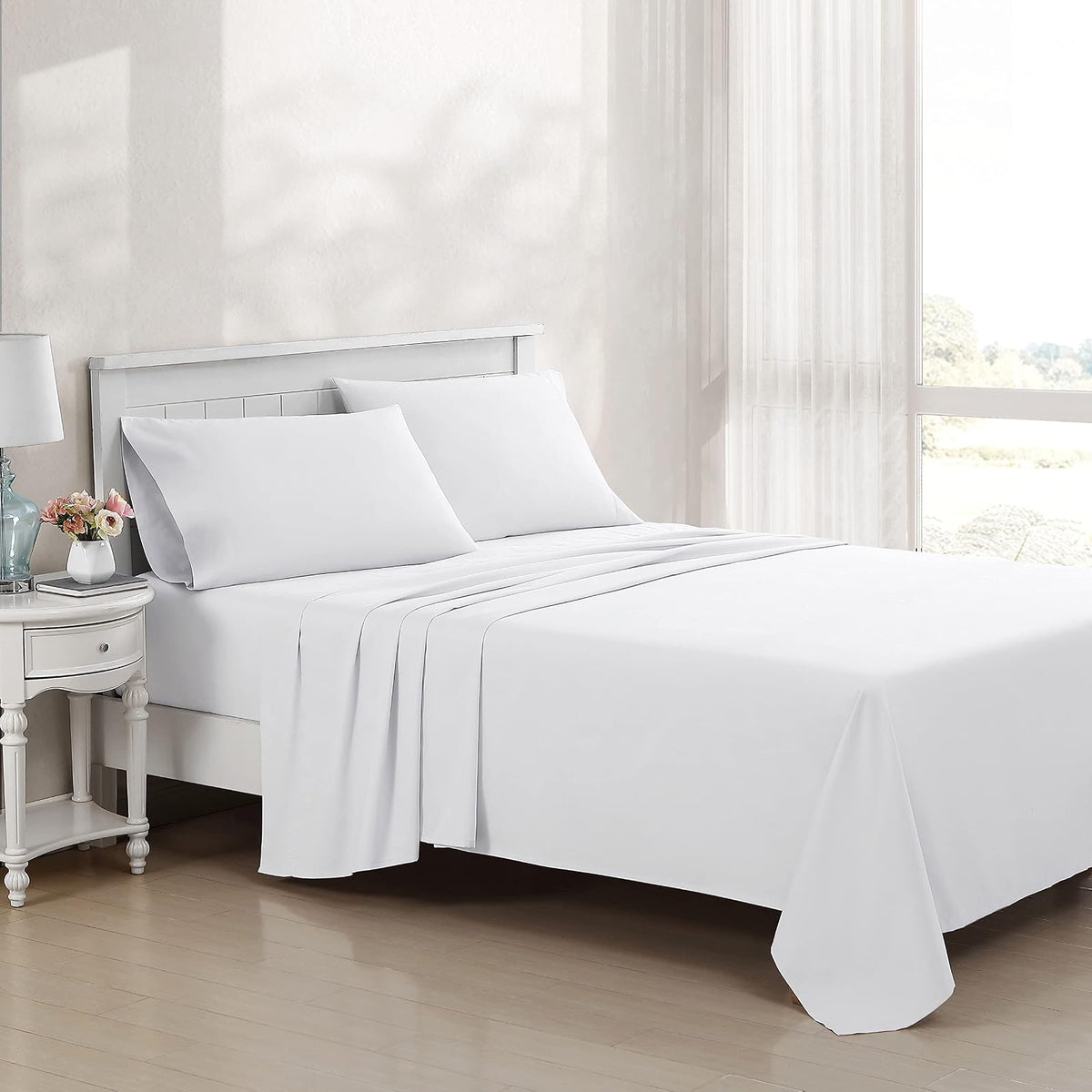 Laura Ashley Juego de Sábanas de Satén y Algodón - Queen - Blanco Sólido