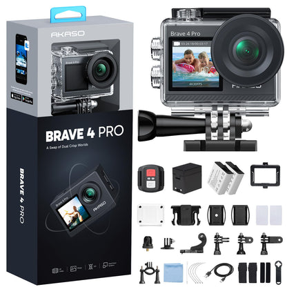 AKASO Brave 4 Pro Cámara Deportiva 4K WiFi 20MP Cámara de Acción | Camara Acuatica Sumergible 40M con Dual Pantalla, EIS, 5X Zoom, 2 Baterías y Accesorios, para bucea/surfea/Ciclismo/a diario