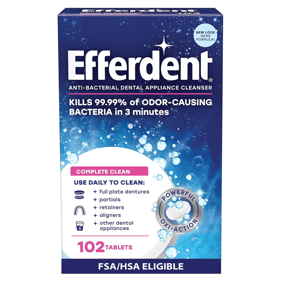 Efferdent Tabletas Limpiadoras de Dentaduras, Limpieza Completa, Limpiador para Retenedores y Aparatos Dentales, 102 Tabletas