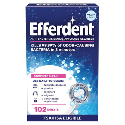 Efferdent Tabletas Limpiadoras de Dentaduras, Limpieza Completa, Limpiador para Retenedores y Aparatos Dentales, 102 Tabletas