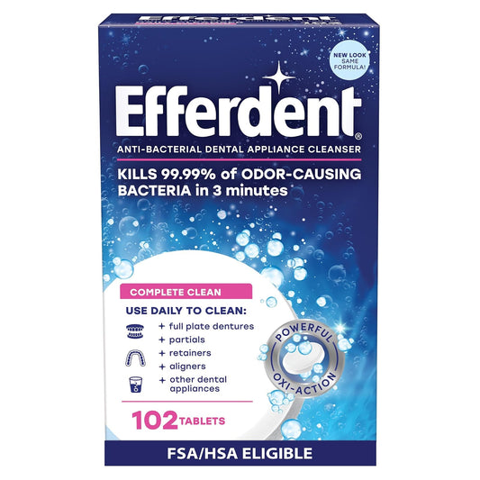 Efferdent Tabletas Limpiadoras de Dentaduras, Limpieza Completa, Limpiador para Retenedores y Aparatos Dentales, 102 Tabletas