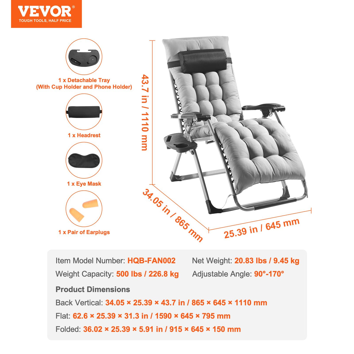 VEVOR Silla de Gravedad Cero 645 mm Sillón Reclinable para Jardín Tumbona para Terraza Capacidad de 226,8 kg Tumbona Antigravedad Ajustable con Cojín Reposacabezas Reposapiés Portavasos, Gris