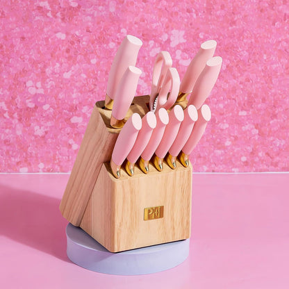 Paris Hilton - Juego de cuchillos de 12 piezas con bloque, cuchillería de acero inoxidable de alto carbono, cuchillas de precisión y mangos ergonómicos, color rosa