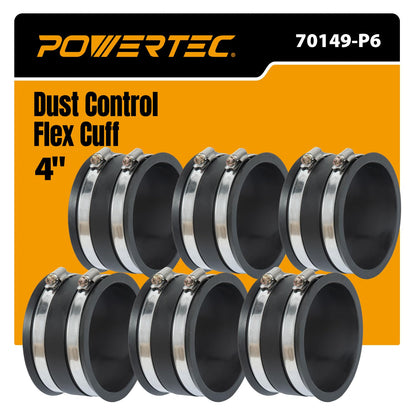 POWERTEC 70149-P6 - Manguito flexible de control de polvo de 4 pulgadas con abrazaderas de manguera de acero, conector de manguera de goma para accesorios de recogida de polvo para carpintería, accesorios de colector de polvo y maquinaria, paquete de 6