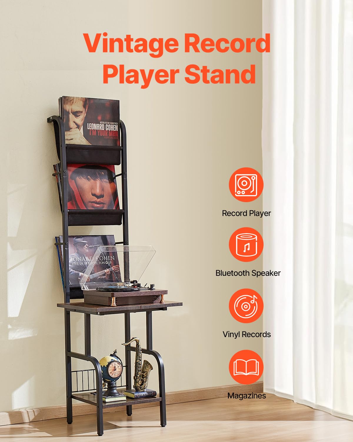 VEVOR - Soporte para Reproductor de grabaciones, 5 Niveles de Alto Disco de Vinilo con estación de Carga y Puertos USB, Capacidad para hasta 200 álbumes, Soporte para Tocadiscos con Estante de