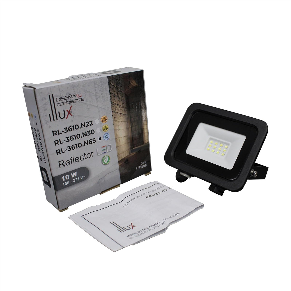 ILLUX Reflector LED Exterior 10W, Luz Fría 6500K, Impermeable IP65, Sobreponer en Piso, Negro, Iluminación para Fachadas y Jardines RL-3610.N65