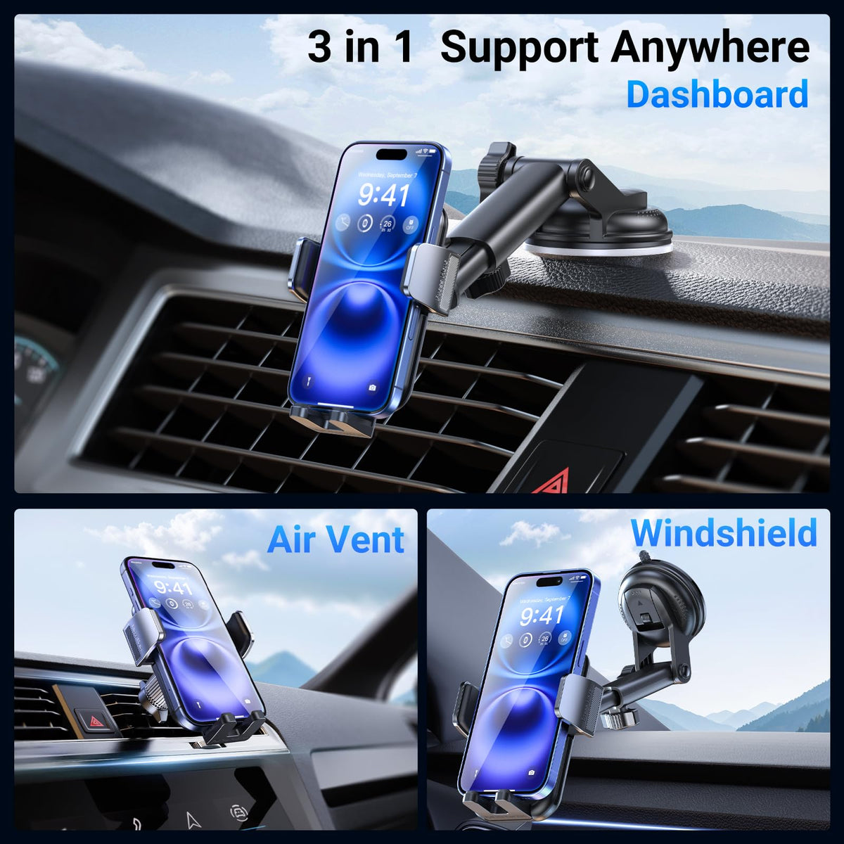 Soporte para teléfono de automóvil 3 en 1 [122+LBS con succión más fuerte y brazo de abrazadera estable] Soporte ajustable para teléfono de automóvil de 360°, soportes para teléfono celular para tu automóvil para