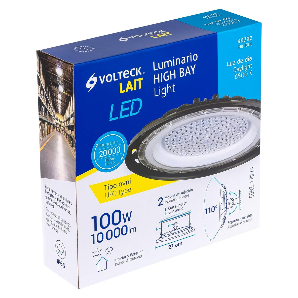 Volteck HB-100L, Luminario LED 100 W High Bay, luz blanca fría 6500K, color negro