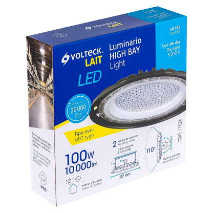 Volteck HB-100L, Luminario LED 100 W High Bay, luz blanca fría 6500K, color negro