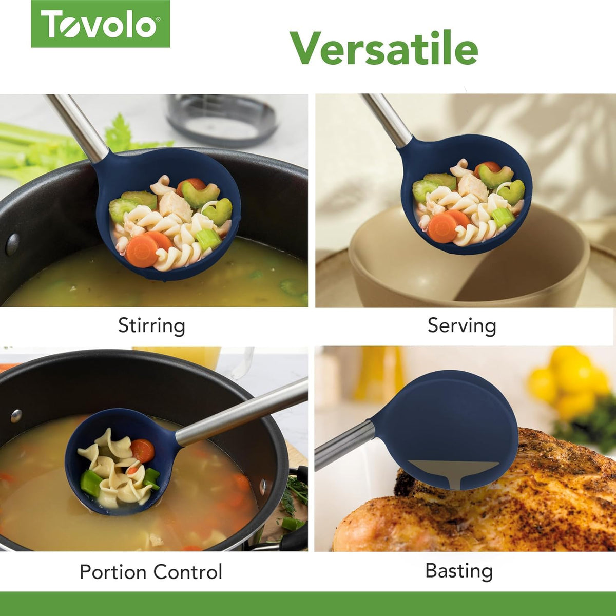 Tovolo - Cucharón de silicona con mango de acero inoxidable para cocinar enlatado, servir sopa, sopa, salsa, cuchara grande para utensilios de cocina, apto para lavaplatos, silicona sin BPA, índigo