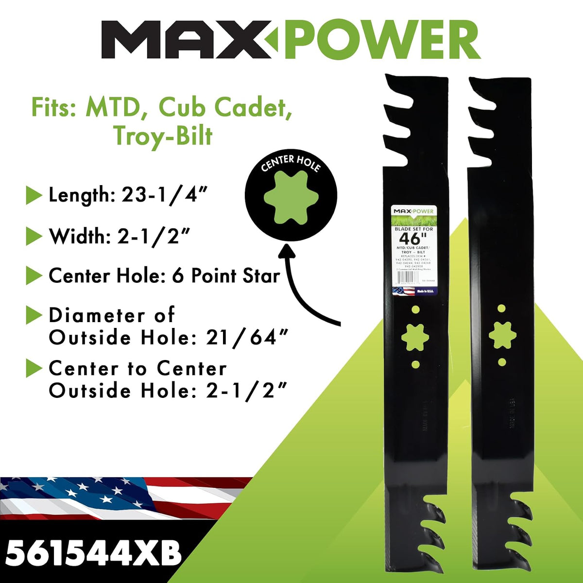Maxpower 561544XB - Juego de 2 Cuchillas para MTD de Corte de 46 Pulgadas, Cub Cadet, Troy-Bilt, 742-04290-X, 942-04290-X, 942-04361, Negro