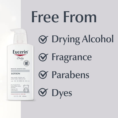 Eucerin Loción corporal para bebé, hipoalergénica y sin fragancias, segura para el uso diario en pieles sensibles, botella blanca de 14 onzas líquidas