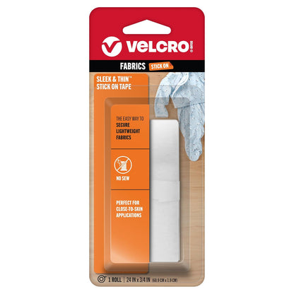 Cinta adhesiva elegante y delgada de la marca VELCRO para telas, 24 x 3/4 pulgadas, color blanco, suave en la piel, ultra ligera, parte trasera adhesiva, no necesita costura