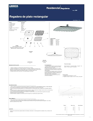 URREA 2265 Regadera de plato rectangular en acabado cromo y blanco sin brazo ni chapetón, ABS, certificada NOM-008-CONAGUA-1998, garantía de 100 años contra defectos de fabricación y 10 en acabado