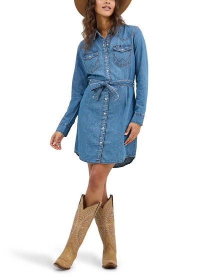 Wrangler Vestido Retro Long Sleeve Western de Algodón para Mujer