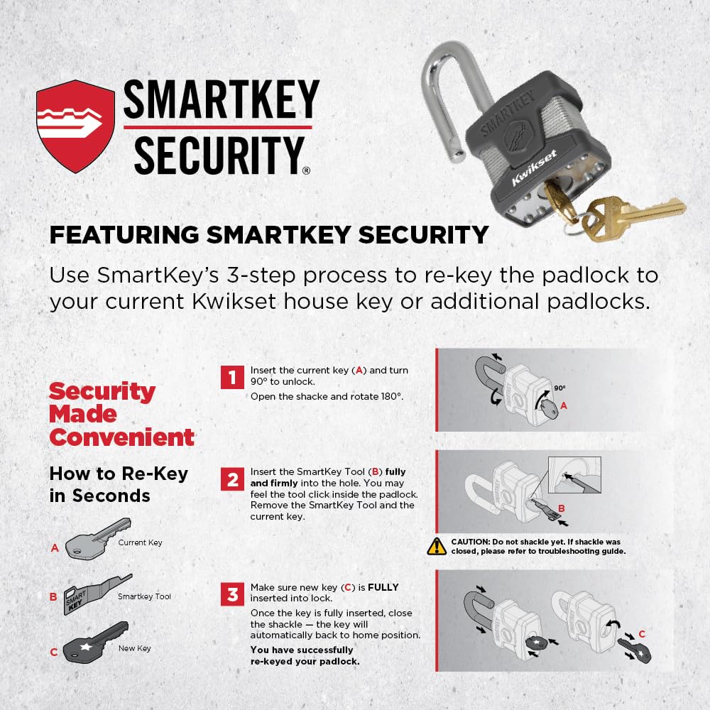 Kwikset SmartKey - Candado de acero laminado con llave con grillete de carburo de boro, puerta exterior y cerradura de almacenamiento, cuerpo de 2 pulgadas, grillete de 1-1/2 pulgadas, paquete de 2