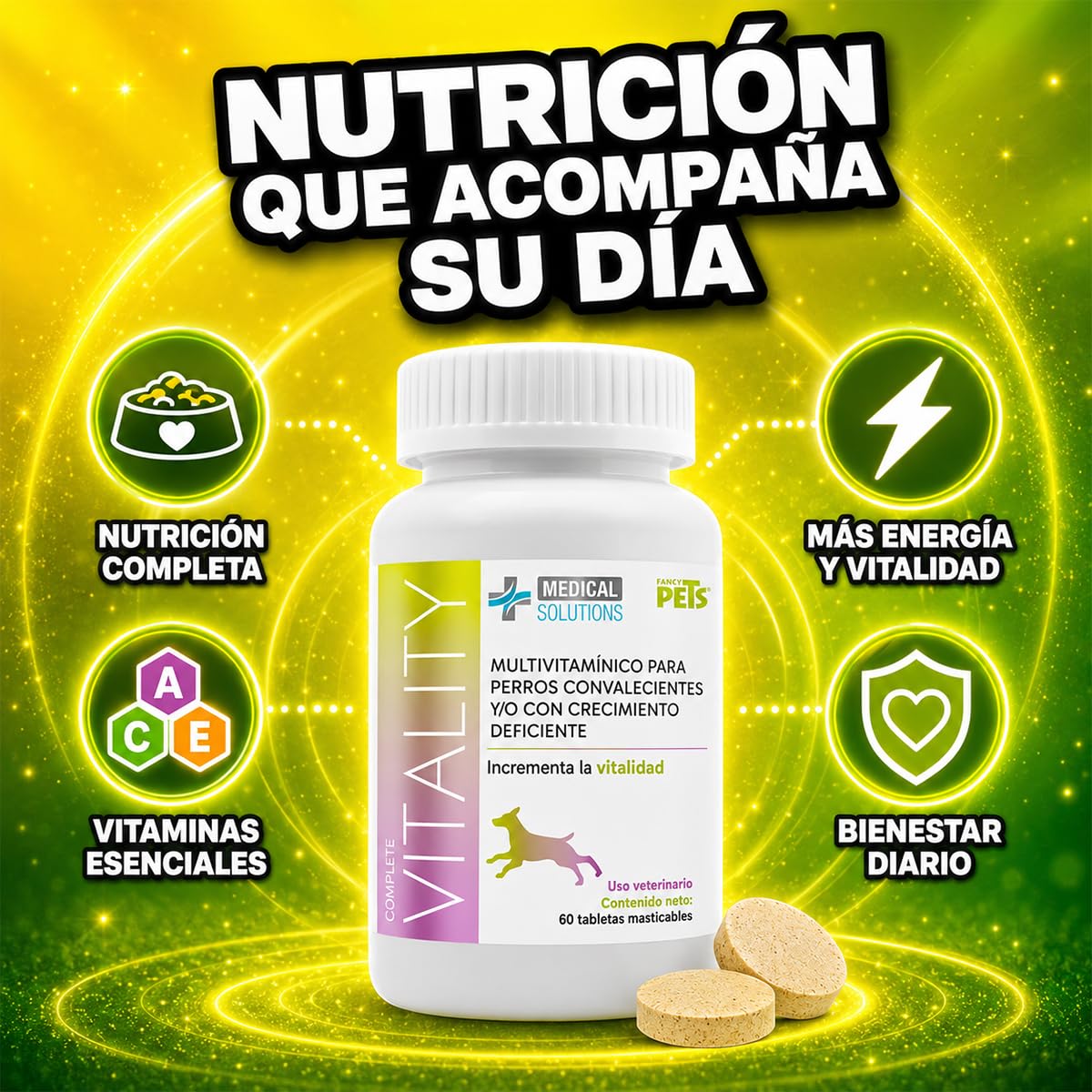 Fancy Pets Medical Solutions Complete Vitality Suplemento Alimenticio para Perros con Vitaminas Minerales L Taurina y L Metionina 60 Tabletas Masticables