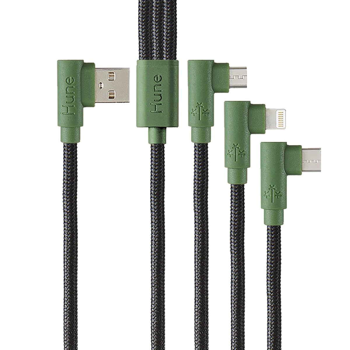 Cable Hune Sustentable 3en1 Microusb, Tipo C Y Lightning 90° (Bosque)