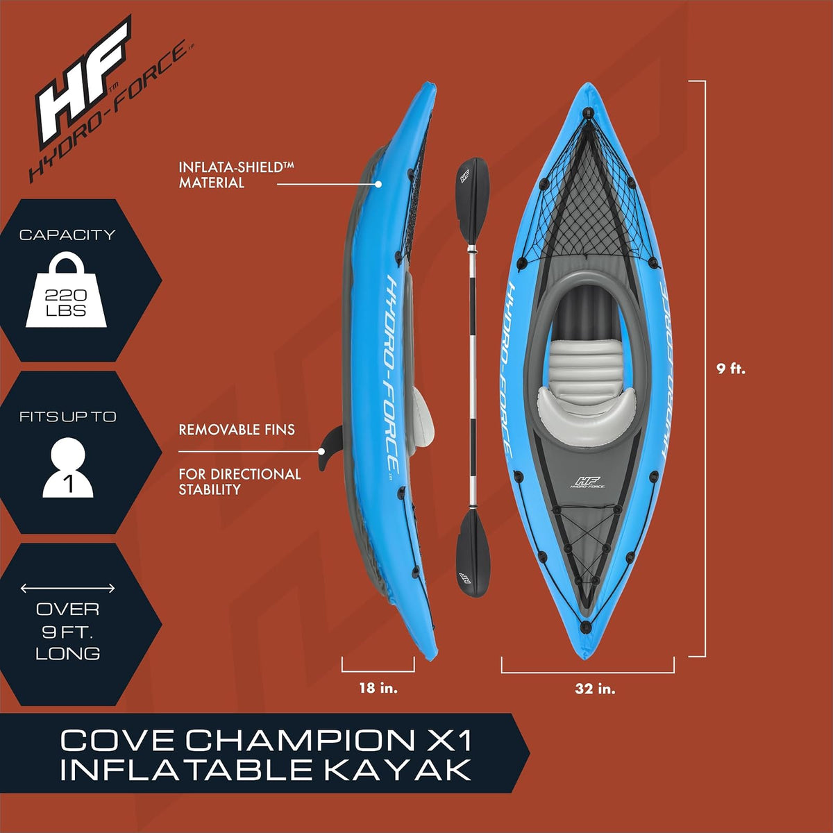 Hydro-Force 9'2" x 34" Ventura Elite X1 Inflatable Kayak Set | Fits 1 Adult | Includes Boat, Aluminum Paddle, Hand Pump, Fins, Seat, Gear Bag, Carry Bag, Repair Patch Kit