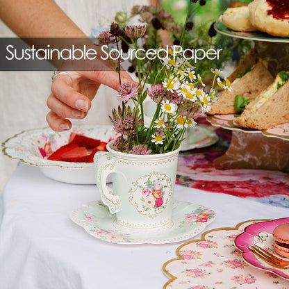 Talking Tables Truly Scrumptious - Juego de 12 tazas de papel floral vintage para fiestas de té o té para niños o adultos, cumpleaños, despedida de soltera o boda, color verde menta