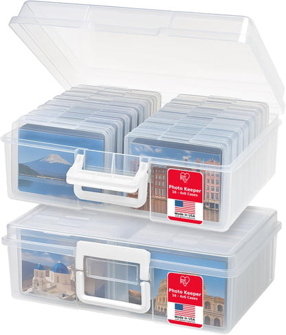 IRIS USA Caja Organizadora para Fotos, 16 Estuches, 2 Piezas, Clara | Compatible con fotos 4"x6", asa integrada, organizador para tareas, calcomanías, recortes y tarjetas didácticas - Claro - Extra Large
