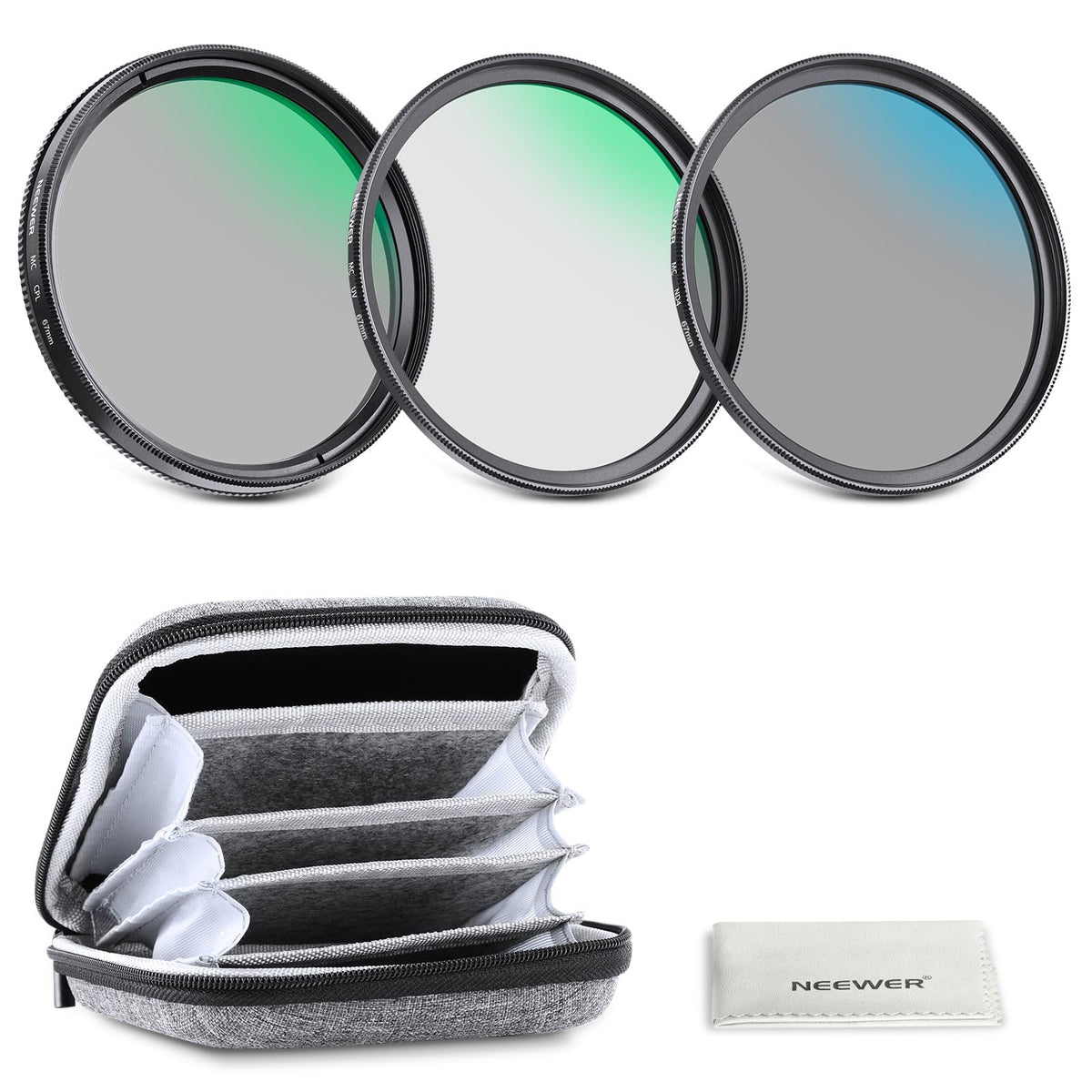 NEEWER 67mm UV/CPL/ND Kit Filtros Lentes con Estuche Rígido, Marco Aleación Aluminio & Vidrio Optico Multicapa, UV + Polarizador Circular (CPL) +Densidad Neutra (ND4) Filtro para 67mm Camara Lentes