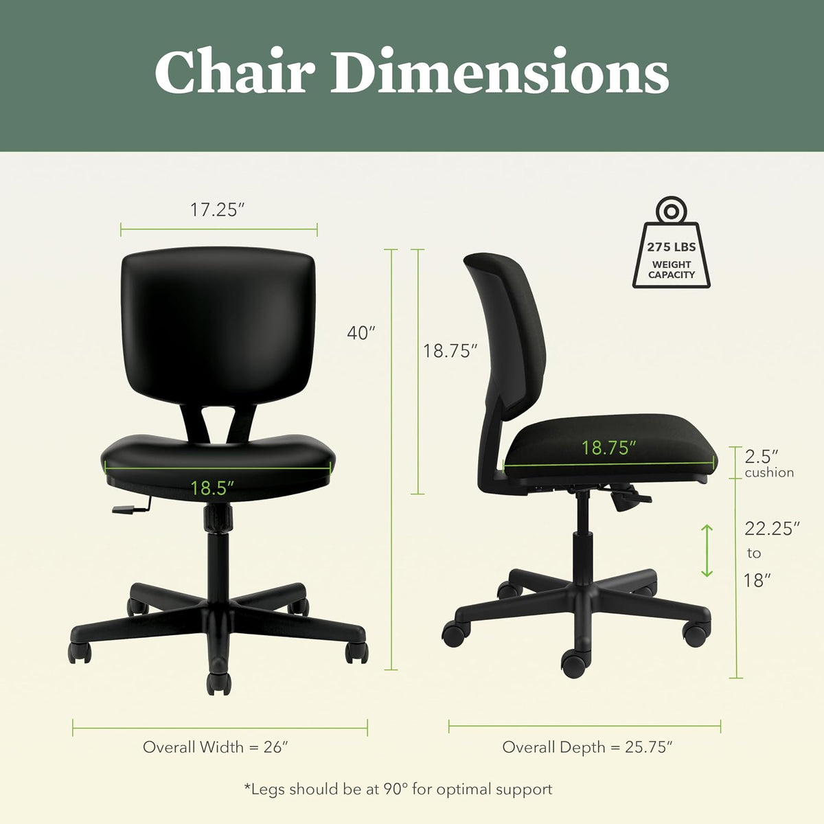 HON Volt - Silla de computadora sin Brazos para computadora de Oficina reclinable ergonómica, Asiento Trasero de Piel Softhread, Silla de computadora giratoria para computadoras, Trabajo, Color Negro