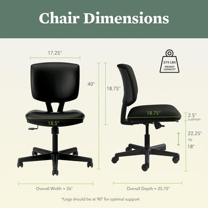 HON Volt - Silla de computadora sin Brazos para computadora de Oficina reclinable ergonómica, Asiento Trasero de Piel Softhread, Silla de computadora giratoria para computadoras, Trabajo, Color Negro