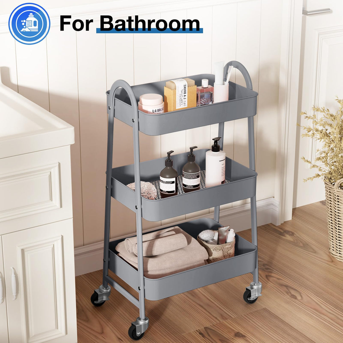 OLIXIS Carrito de Almacenamiento móvil de 3 Niveles, Carro de Almacenamiento móvil de Metal con Ruedas bloqueables, Estante de Almacenamiento Organizador para Sala de Estar, baño, Cocina y Lugares