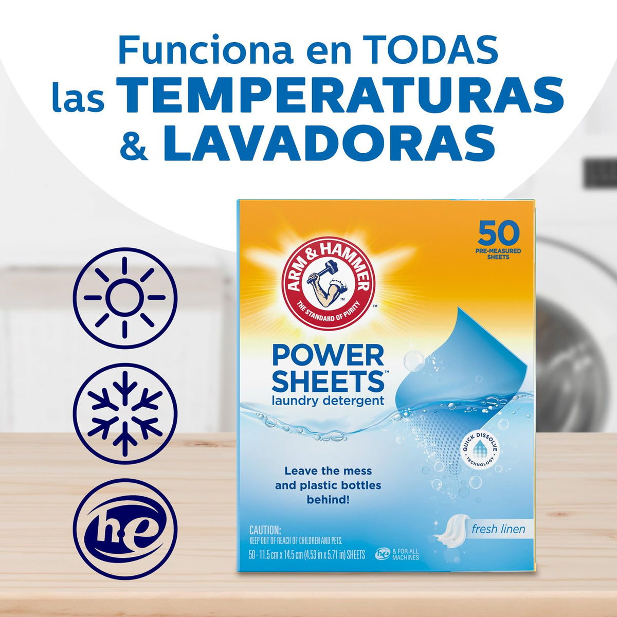 Arm & Hammer Power Sheets Caja con 50 Piezas. Detergente para Ropa en Láminas. Limpieza Profunda, Rápida Disolución y Fresco Aroma. Sin Cloro, Empaque Reciclable. Funciona en Todo Tipo de Lavadoras