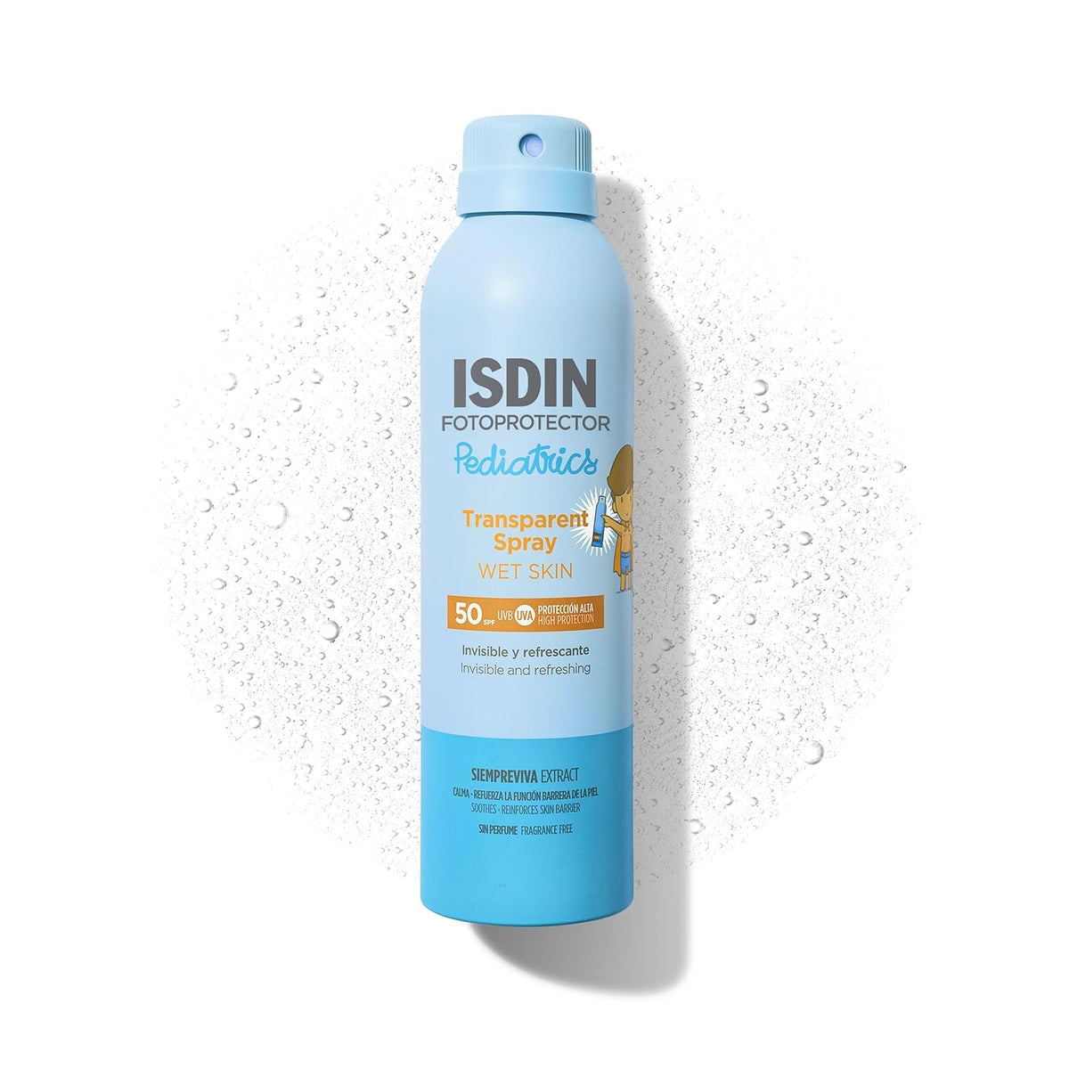 ISDIN fotoprotector transparent spray wet skin pediatrics spf 50, protector solar corporal para ninos, textura invisible y ligera para piel mojada, 250ml