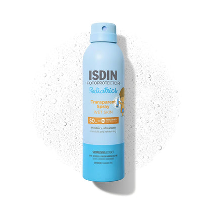 ISDIN fotoprotector transparent spray wet skin pediatrics spf 50, protector solar corporal para ninos, textura invisible y ligera para piel mojada, 250ml